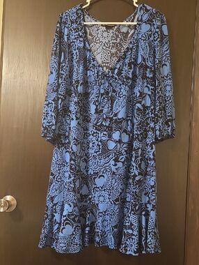 International Concepts Blue and Black Floral V-Neck Women's Dress size XL